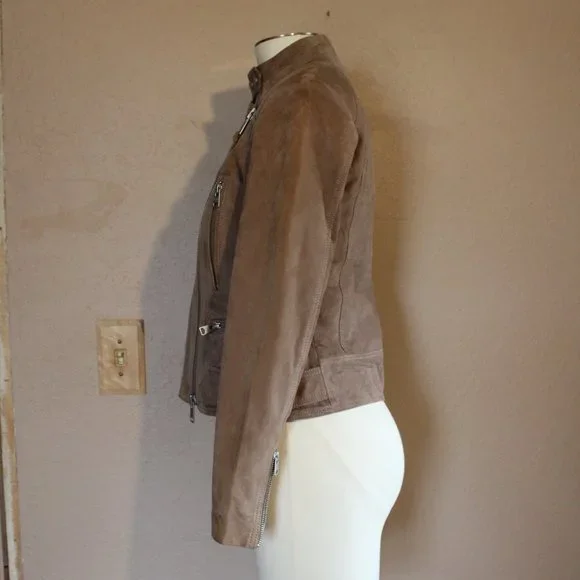 All Saints soft goat leather suede light drown stand collar jacket US-6/S UK-10